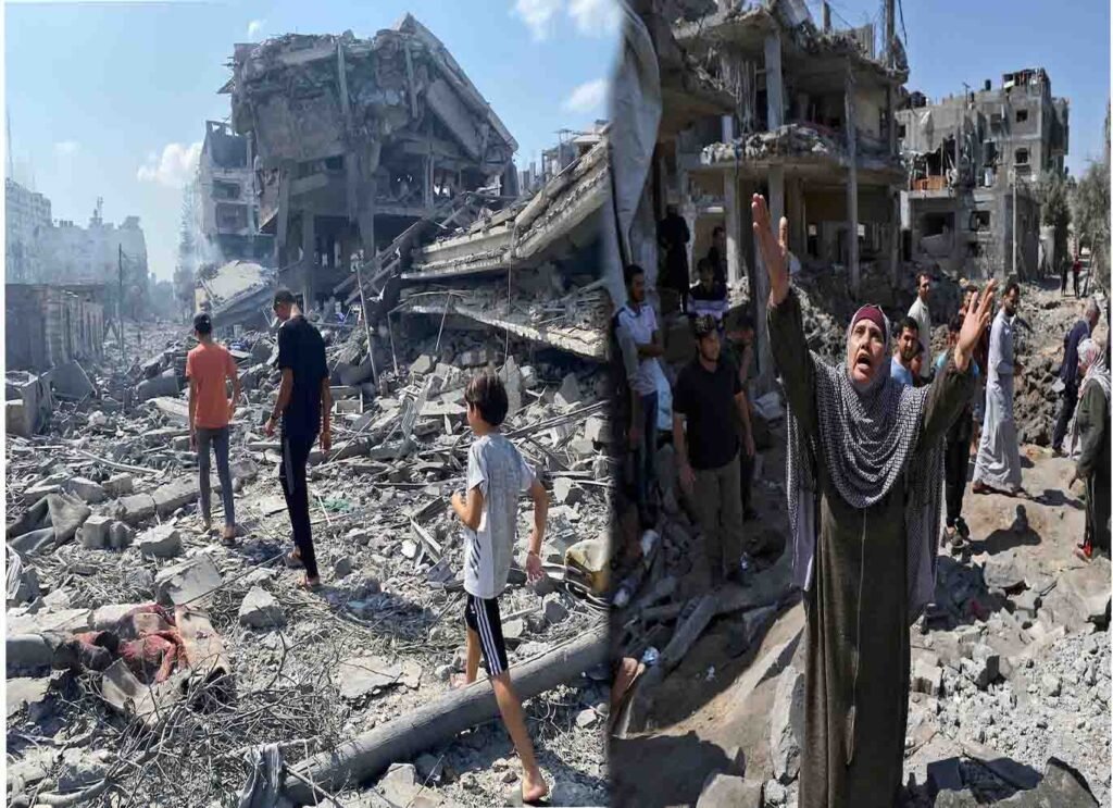 غزہ میں اسرائیلی بمباری سے تباہ شدہ علاقے کا منظر