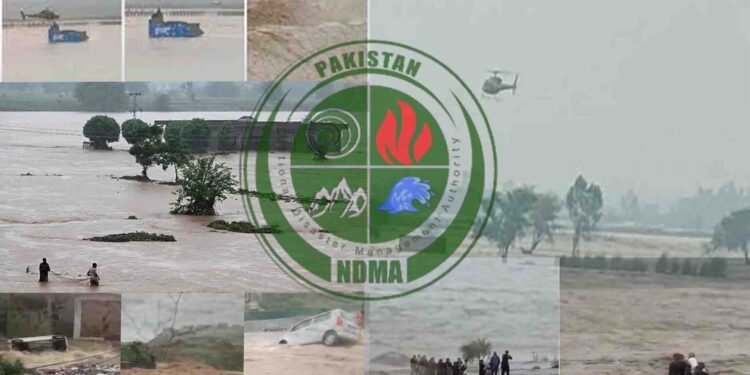 بارش کے باعث متاثرہ پاکستانی علاقے میں ڈوبی ہوئی سڑک اور امدادی کارکن