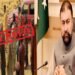 وزیر اعلیٰ بلوچستان سرفراز بگٹی پریس کانفرنس کرتے ہوئے، پس منظر میں بلوچستان کا جھنڈا