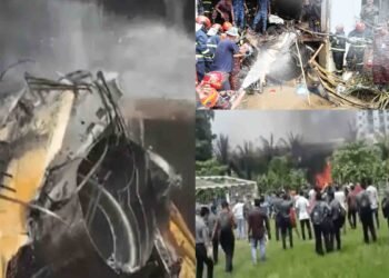 ڈھاکہ کے ایک اسکول کی تباہ حال عمارت جس پر فوجی طیارہ گر کر تباہ ہوا، جائے وقوعہ پر امدادی کارروائیاں جاری۔