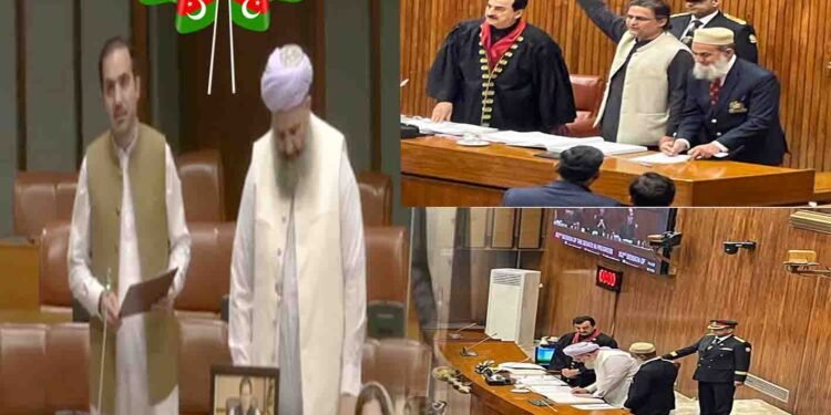 سینیٹ اجلاس میں پی ٹی آئی سینیٹرز فیصل جاوید، نورالحق قادری اور مرزا محمد آفریدی کا حلف اٹھاتے ہوئے منظر