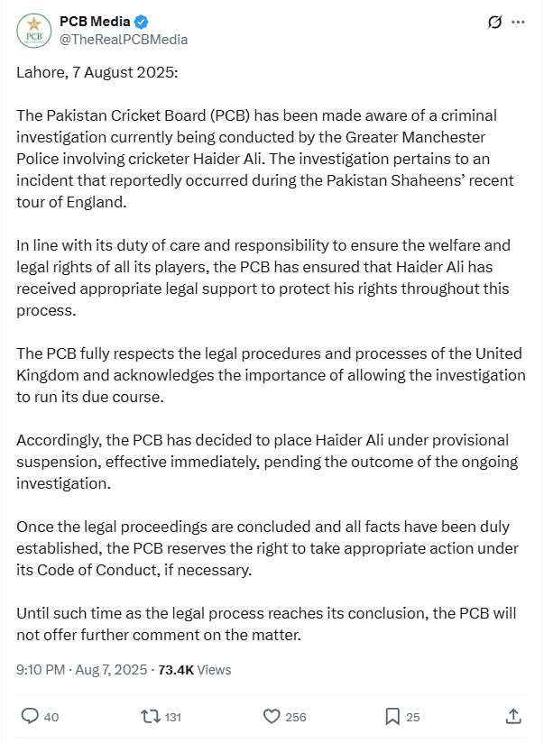 سوشل میڈیا پر کرکٹر حیدر علی کے متعلق  پی سی بی کی جانب سے جاری بیاں