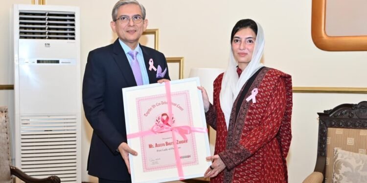 ایوان صدر میں خاتون اول آصفہ بھٹو زرداری کی پنک ربن پاکستان کے سی ای او عمر آفتاب سے ملاقات