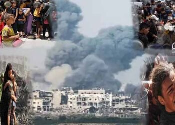 غزہ میں اسرائیلی بمباری کے بعد تباہ شدہ عمارت اور زخمی بچوں کی تصویر