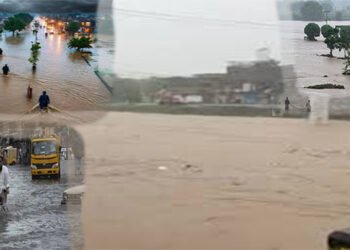 مون سون بارشوں کے دوران لاہور کی سڑک پر پانی کا بہاؤ