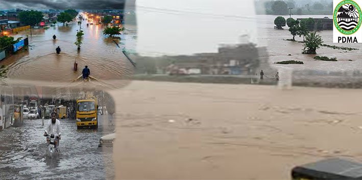 مون سون بارشوں کے دوران لاہور کی سڑک پر پانی کا بہاؤ