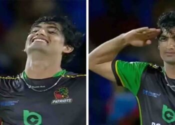 نسیم شاہ کیریبئن لیگ میں وکٹ کے بعد جشن مناتے ہوئے