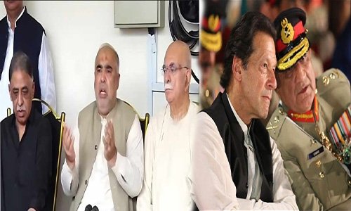 پی ٹی آئی رہنما اسد قیصر پریس کانفرنس میں سابق آرمی چیف جنرل قمر جاوید باجوہ کو ایکسٹینشن دینے پر قوم سے معافی مانگتے ہوئے