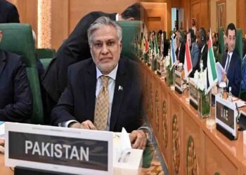 اسحاق ڈار عرب اسلامی سربراہی اجلاس میں خطاب کرتے ہوئے