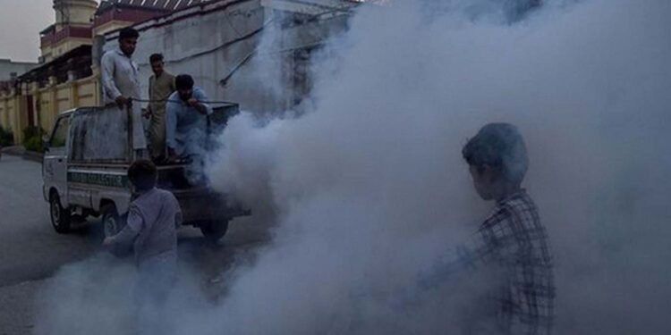 کراچی میں ڈینگی اور ملیریا اسپرے کرنے والا عملہ