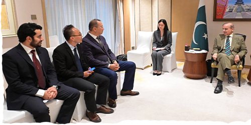 وزیراعظم شہباز شریف بیجنگ میں چینی کمپنیوں کے سربراہان سے ملاقات کرتے ہوئے پاک چین سرمایہ کاری پر گفتگو