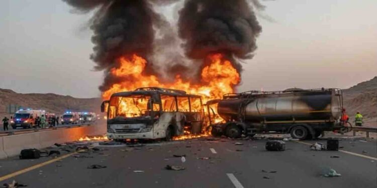 مدینہ سے مکہ جانے والی بس ٹینکر سے ٹکرا کر تباہ، 42 عمرہ زائرین جاں بحق