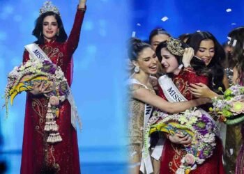 فاطمہ بوش مس یونیورس 2025 کا تاج پہنے اسٹیج پر مسکرا رہی ہیں